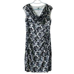 Anne Klein Blue Floral Print Pull On Cowl Neck Dress Midi Size 10